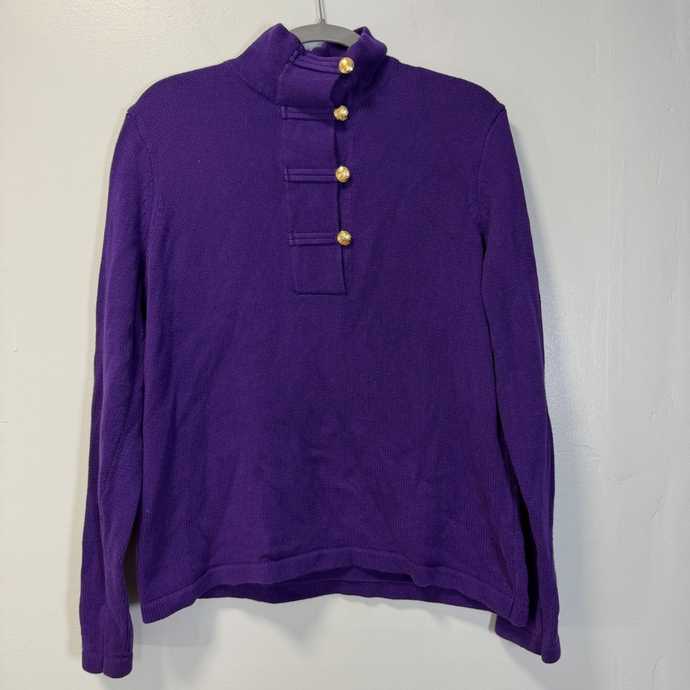 Chaps Womens XL Purple Cotton Knit Mock Neck Crest Button Sweater